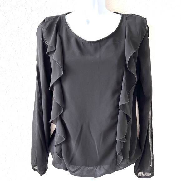 BCX black chiffon ruffle blouse sheer sleeves hidden elastic waist Sz M - Picture 1 of 12